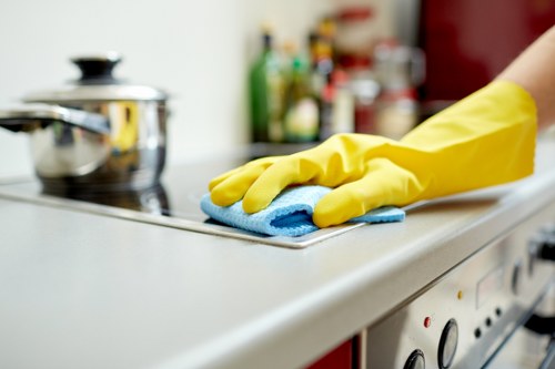Cleaner washing commercial shopfront windows in Wembley